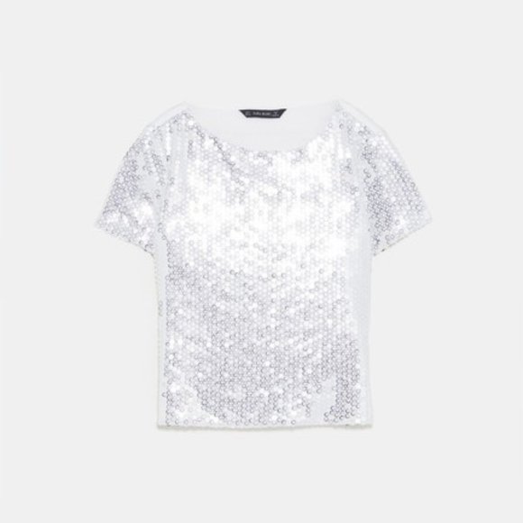 Zara COMBINED SEQUIN BLOUSE T-Shirt Top White/Silver Size XS - Picture 1 of 4